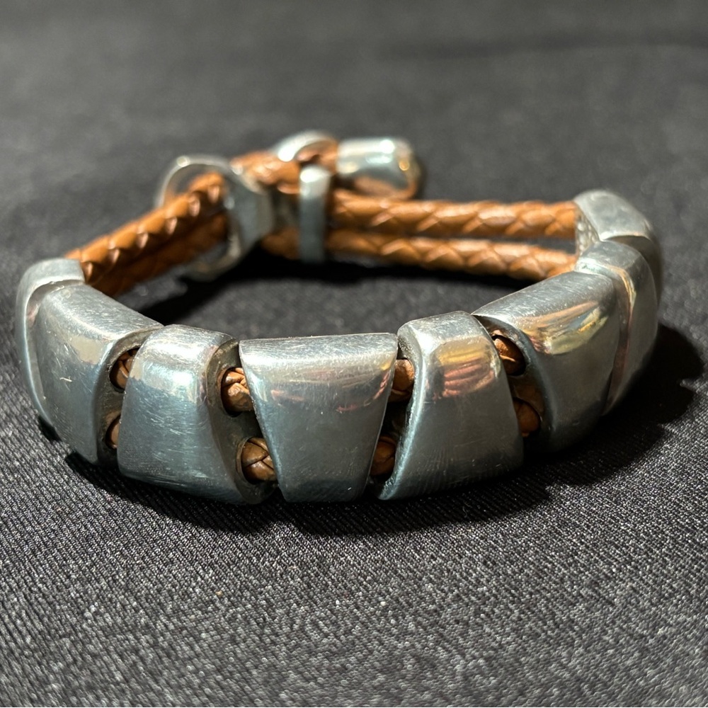 Double Strand Braided Leather Bracelet with Geometric Silver Metal Slides Unisex